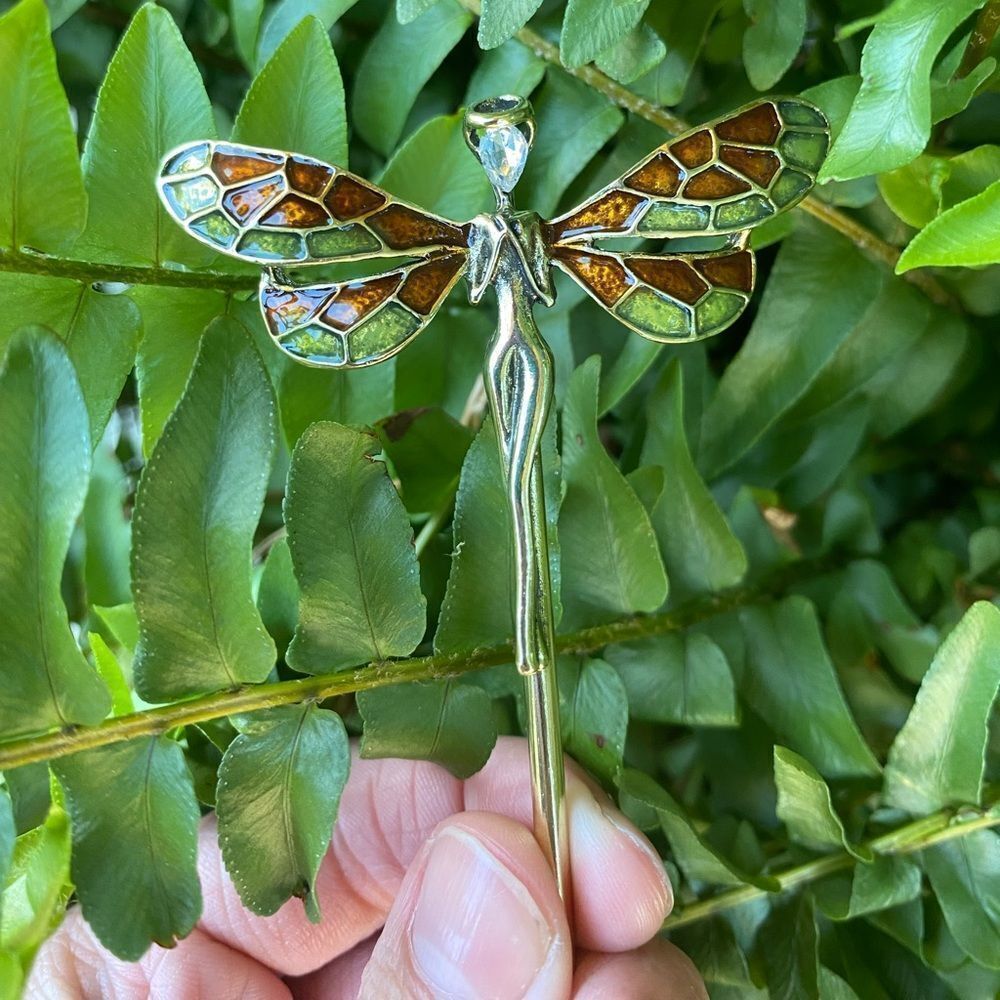 Cottagecore Fairy Goddess Hair Pin Antique Gold Tone, Muti Colored Wings, - Picture 5 of 7